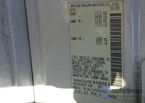 2009 Nissan Maxima 3.5 Sv from USA, damaged, VIN 1N4AA51EX9C848963